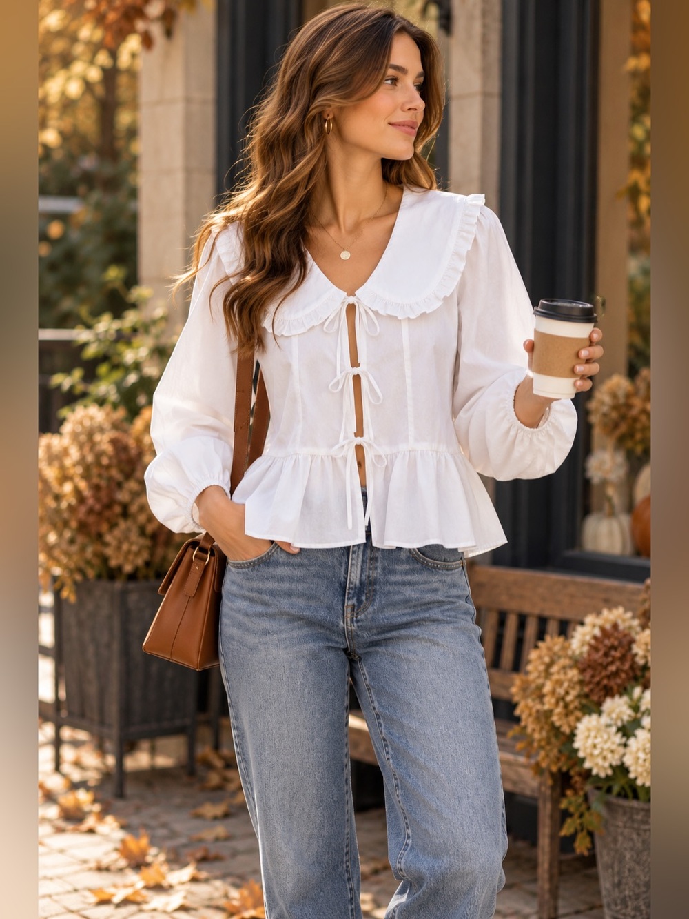 CeCe White Cotton Ruffle Collar Bow Tie Peplum Blouse XL
